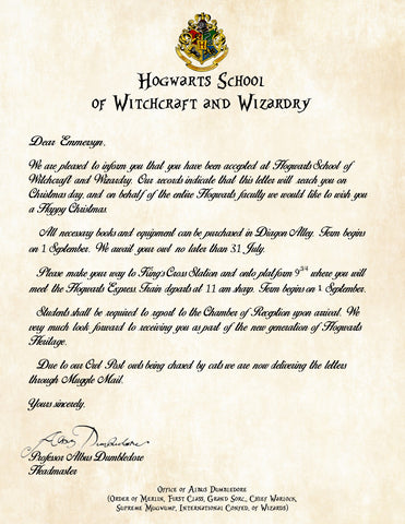 Hogwarts Personalized Harry Potter Acceptance Letter with Christmas Wishes signed by  Albus Dumbledore