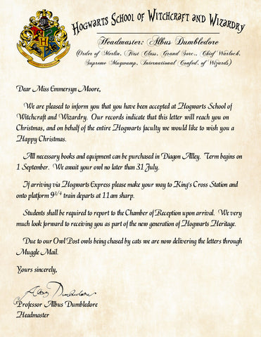 Hogwarts Personalized Harry Potter Acceptance Letter with Christmas Wishes from Albus Dumbledore