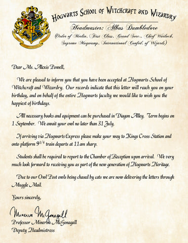 Hogwarts Personalized Harry Potter Acceptance Letter with Birthday Wishes