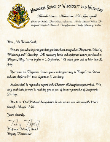 Personalized Harry Potter Acceptance Letter, Hogwarts School of Witchcraft and Wizardry with Headmistress Minerva McGonagall