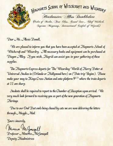 Hogwarts Personalized Acceptance Letter Announcing Visit to The Wizarding World of Harry Potter