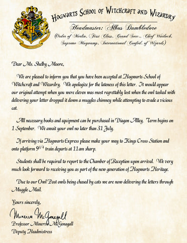 Hogwarts Personalized Harry Potter Acceptance Letter with Apologies for Being Late