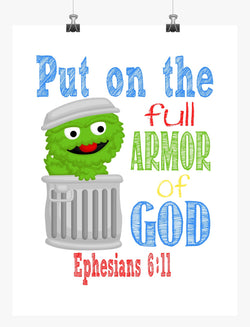 Oscar the Grouch Sesame Street Christian Nursery Decor Print, Put on the Full Armor of God, Ephesians 6:11