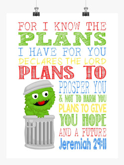 Oscar the Grouch Sesame Street Christian Nursery Decor Print, For I Know The Plans I Have For You, Jeremiah 29:11