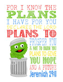 Sesame Street Christian Nursery Decor Set of 4 Prints, Big Bird, Cookie Monster, Elmo and Oscar the Grouch with Bible Verses