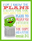Sesame Street Christian Nursery Decor Set of 4 Prints, Big Bird, Cookie Monster, Elmo and Oscar the Grouch with Bible Verses