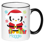 Personalized Santa Penguin Hot Chocolate Mug, Children's Hot Cocoa, Gift for Christmas, Secret Santa Coffee Cup, 11 Ounce Ceramic Mug