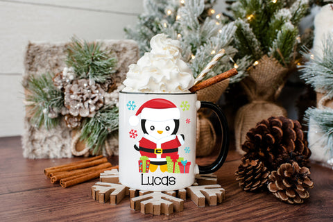 Personalized Santa Penguin Hot Chocolate Mug, Children's Hot Cocoa, Gift for Christmas, Secret Santa Coffee Cup, 11 Ounce Ceramic Mug