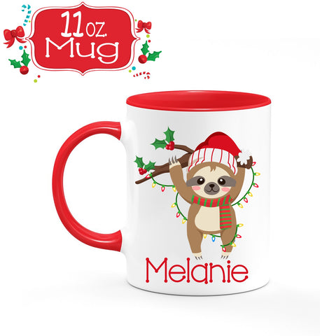 Personalized Santa Sloth Hot Chocolate Mug, Children's Hot Cocoa, Gift for Christmas, Secret Santa Coffee Cup, 11 Ounce Ceramic Mug