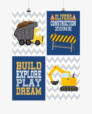 Personalized Construction Nursery Prints Set of 4 Build, Explore, Play and Dream
