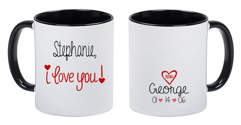 Personalized Valentine's Day Coffee Mugs Black, White and Red - I Love you! XOXO
