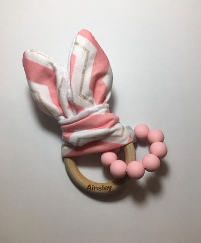 Engraved Personalized Pink Bunny Ear Montessori Wooden Teether Organic Wood Teething Ring Gift for Baby Shower