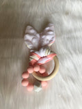 Engraved Personalized Pink Bunny Ear Montessori Wooden Teether Organic Wood Teething Ring Gift for Baby Shower