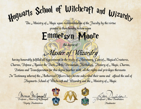Personalized Harry Potter Diploma - Hogwarts School of Witchcraft and Wizardry Master Degree