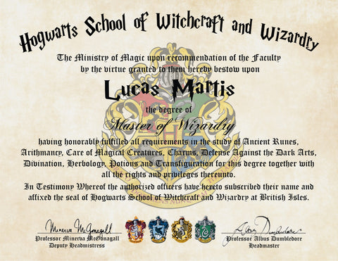 Personalized Wizard Diploma Hogwarts School of Witchcraft and Wizardry Degree of Master of Wizardry