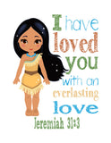 Princess Christian Nursery Decor Set of 4 Prints, Jasmine, Tiana, Mulan and Pocahontas with Bible Verses