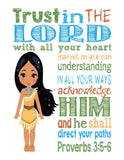 Pocahontas Christian Princess Nursery Decor Wall Art Print - Trust in the Lord with all your heart - Proverbs 3:5-6 Bible Verse - Multiple Sizes