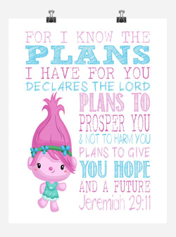 Poppy Trolls Christian Nursery Decor Print, For I Know The Plans I Have For You, Jeremiah 29:11