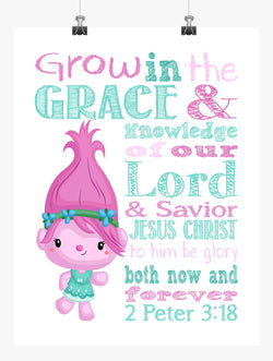 Poppy Trolls Christian Nursery Decor Print, Grow in Grace and Knowledge, 2 Peter 3:18