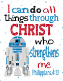 Space Wars Christian Nursery Decor Set of 5 Unframed Prints - Luke Skywalker, Yoda, Darth Vader, R2D2 and Cewbacca with Bible Verses