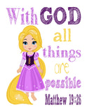 Princess Christian Nursery Decor Set of 4 Prints, Mulan, Ariel, Rapunzel and Jasmine with Bible Verses