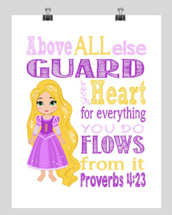 Rapunzel Christian Princess Nursery Decor Print, Above all else Guard your Heart Proverbs 4:23