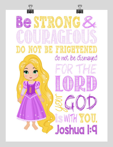 Rapunzel Christian Princess Nursery Decor Print, Be Strong & Courageous Joshua 1:9