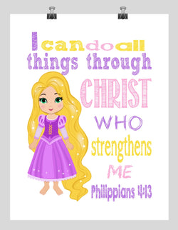 Rapunzel Christian Princess Nursery Decor Art Print - I Can Do All Things Through Christ Who Strengthens Me - Philippians 4:13