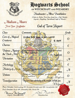 Gryffindor Personalized Wizard Report Card Hogwarts School of Witchcraft and Wizardry