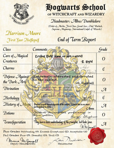 Hufflepuff Personalized Harry Potter Report Card - Hogwarts School of Witchcraft and Wizardry