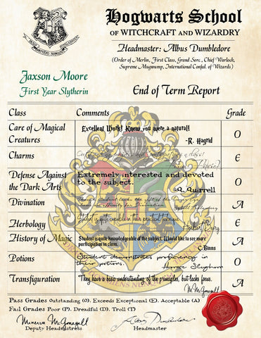 Slytherin Personalized Harry Potter Report Card - Hogwarts School of Witchcraft and Wizardry