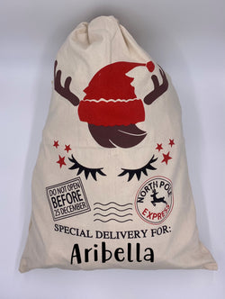 Reindeer Personalized Santa Sack in Natural Canvas North Pole Santa Claus Presents Bag