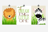Safari Animals Nursery Art Decor Set of 3 - Monkey, Zebra and Lion - Dream Big Little One - Gender Neutral Jungle Baby