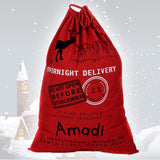 Personalized Red Santa Sack in Canvas with Reindeer - North Pole Santa Claus Presents Bag