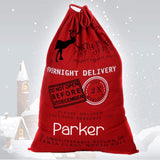 Personalized Red Santa Sack in Canvas with Reindeer - North Pole Santa Claus Presents Bag
