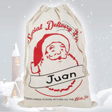 Personalized Santa Sack in Natural Canvas with Reindeer - North Pole Santa Claus Presents Bag