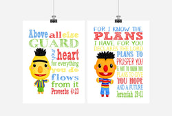 Sesame Street Christian Nursery Decor Set of 2 Prints, Bert and Ernie with Bible Verses