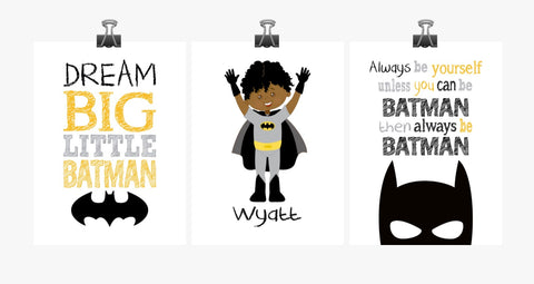 African American Personalized Superhero Nursery Decor Set of 3 Prints - Dream Big Little Batman
