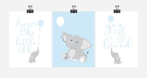 Baby Boy Elephant Nursery Art Decor Set of 3 Prints – Pixie Paper