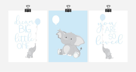 Baby Boy Elephant Nursery Art Decor Set of 3 Prints