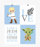 Star Wars Nursery Decor Set of 4 Prints - Luke Skywalker, Yoda, Love, I Am A Jedi Like My Father Before Me