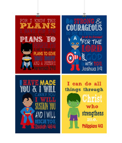 African American Superhero Christian Nursery Decor Set of 4 Prints - Batman, Captain America, Superman and Hulk