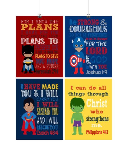 African American Superhero Christian Nursery Decor Set of 4 Prints - Batman, Captain America, Superman and Hulk
