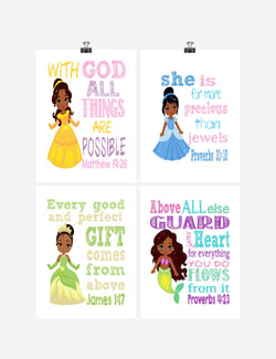 African American Princess Christian Nursery Decor Set of 4 Unframed Prints Ariel, Belle, Tiana and Cinderella