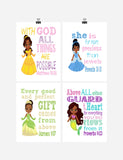 African American Princess Christian Nursery Decor Set of 4 Prints - Ariel, Belle, Tiana and Cinderella