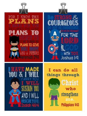 African American Superhero Christian Nursery Decor Set of 4 Prints, Batman, Captain America, Superman and Hulk