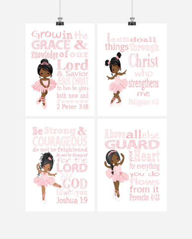 African American Ballerina Christian Nursery Decor Set of 4 Prints with Bible Verses