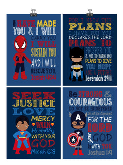 African American Christian Superhero Nursery Decor Set of 4 Unframed Prints Captain America Spiderman with Bible Verses
