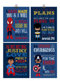 African American Christian Superhero Nursery Decor Art Print Set of 4 -Batman, Captain America, Superman and Spiderman