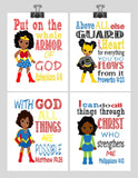 African American Christian Superhero Nursery Decor Art Print Set of 4 -Wonder Woman, Catgirl, Supergirl and Hulk
